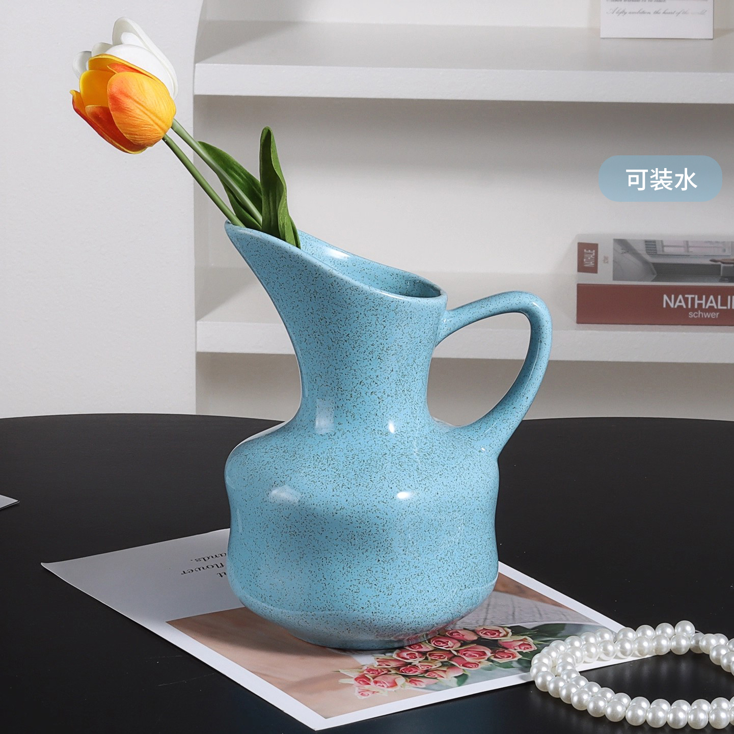 蓝色陶瓷花瓶水培鲜花清新法式高级感异形大口径客厅摆件插花复古