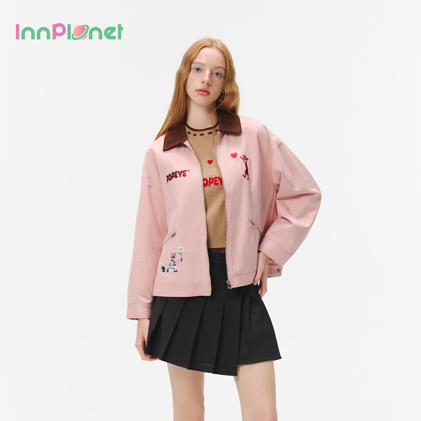 innplanet25秋新款大力水手系列复古刺绣粉色工装外套PO31OW811A