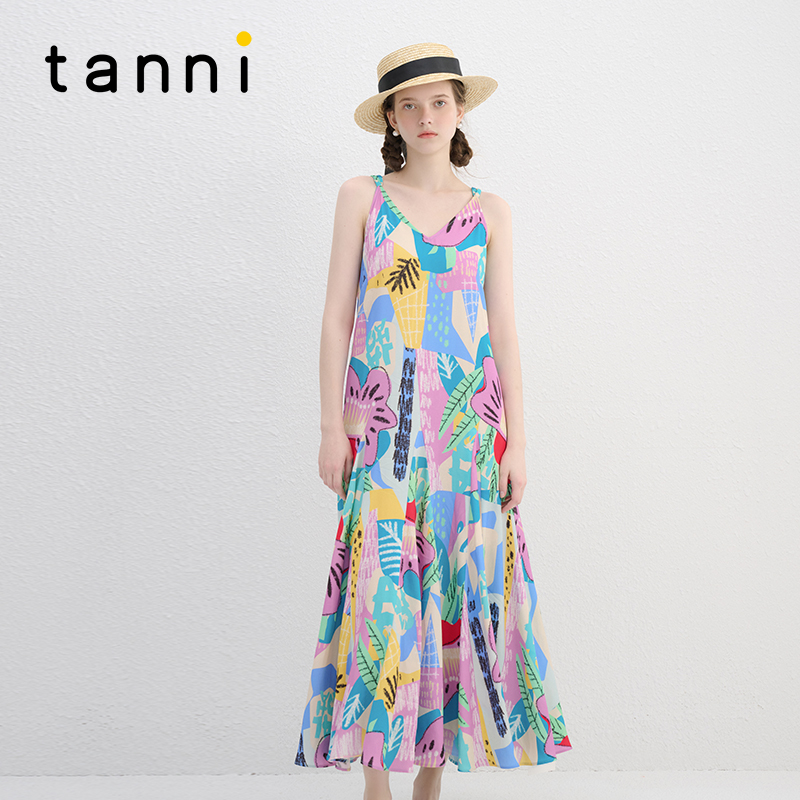 tanni度假风V领吊带长款连衣裙