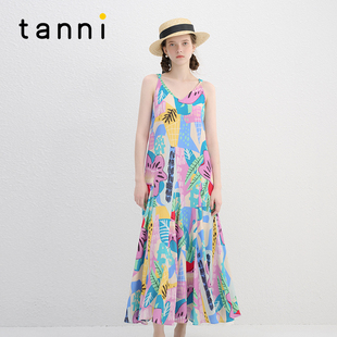 tanni新款 连衣裙TN11DR023A 优雅浪漫度假风V领吊带长款