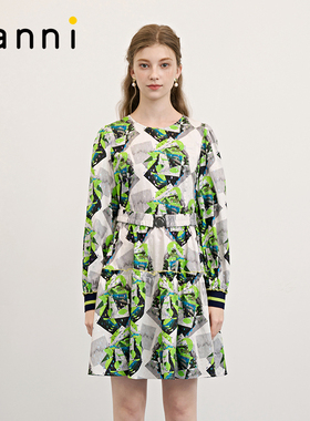 tanni秋冬款通勤百搭纯棉印花罗纹收腰显瘦连衣裙女TM31DR002A