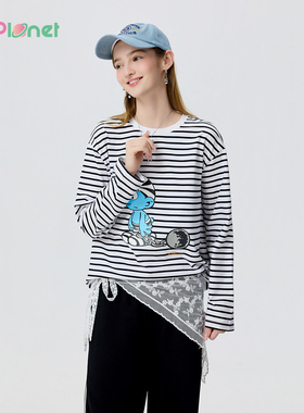 innplanet26春新款蓝精灵系列经典条纹宽松休闲T恤上衣PP11TS821A