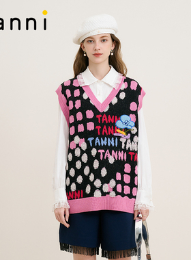 tanni2025秋季款法式复古通勤百搭提花v领针织背心女装TM31KN083A