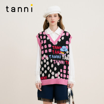 tanni2025秋季款法式复古通勤百搭提花v领针织背心女装TM31KN083A