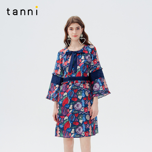 tanni25秋季 植物印花连衣裙女TO11DR016A 压褶撞色蕾丝拼接荷叶袖