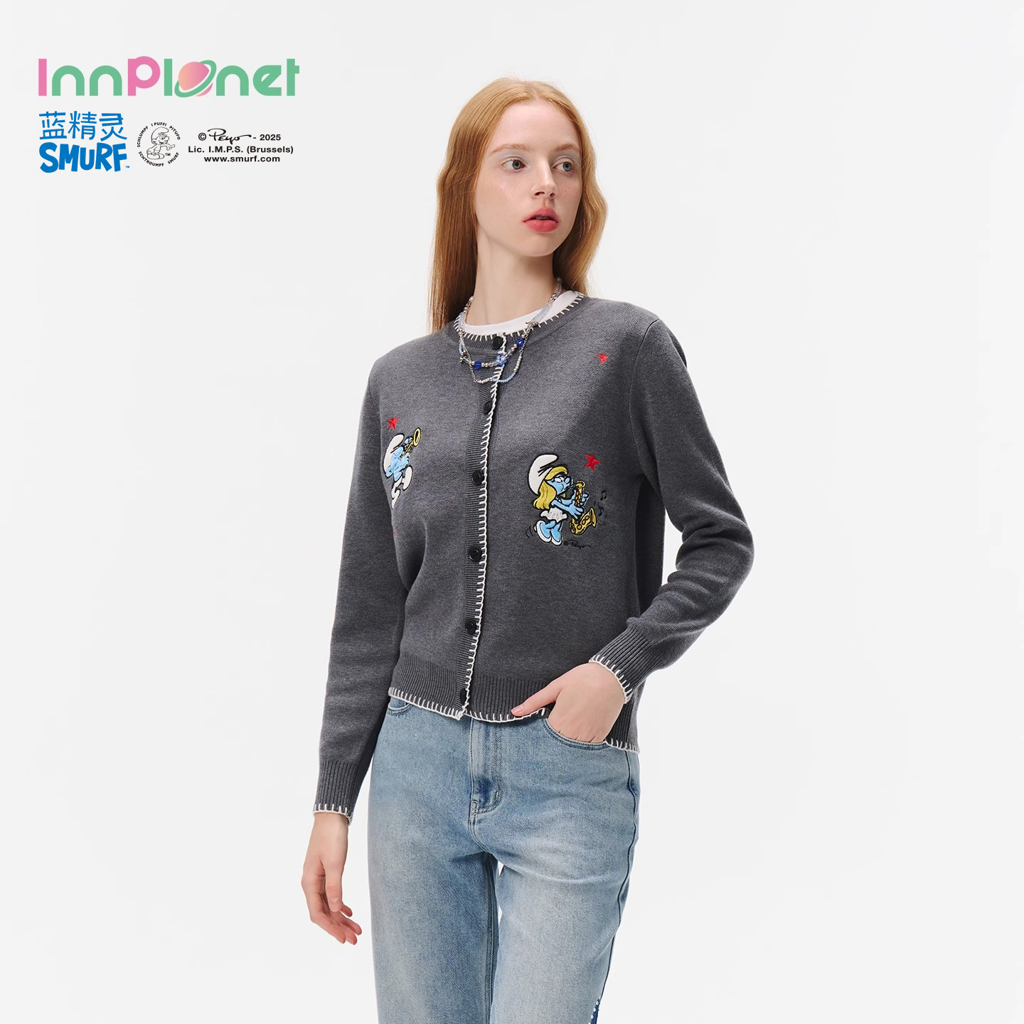 蓝精灵系列混纺刺绣针织开衫