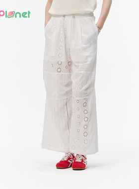 innplanet25秋新款蕾丝拼接松紧腰白色全棉休闲长裤PO31PA013A