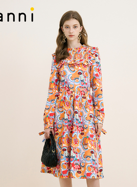 tanni新款通勤木耳边小立领X版型收腰连衣裙TM31DR041A