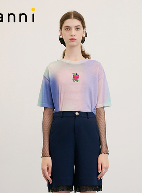 tanni新款宽松百搭通勤学院圆领印花针织T恤女TM31KN102A