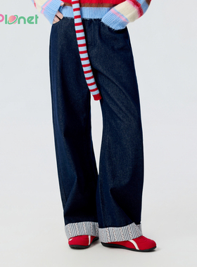 innplanet26春夏新款甜酷丹宁风花色拼接直筒牛仔裤PP11DE011A