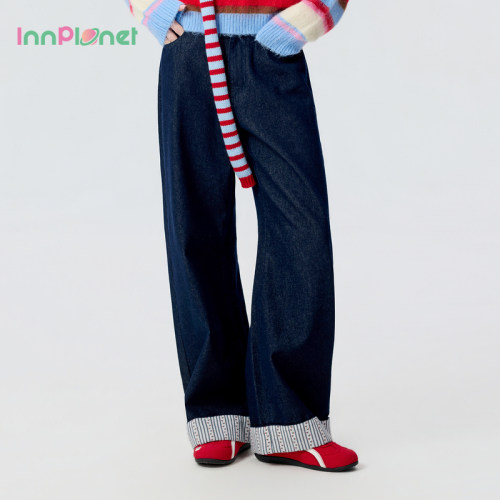 innplanet26夏季新款甜酷丹宁风花色拼接直筒牛仔裤PP11DE011A