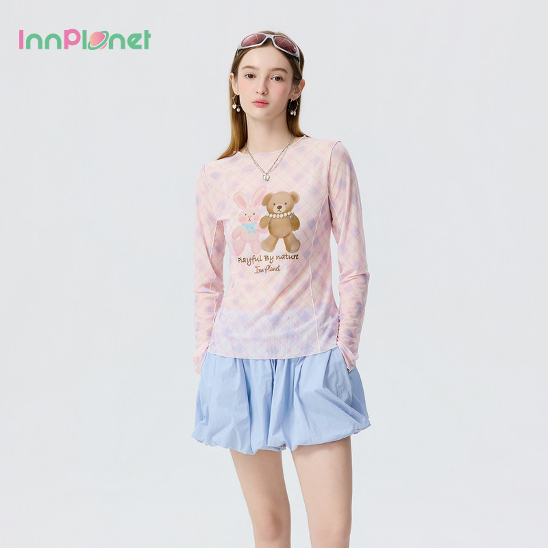 innplanet26夏季新款多彩软糖穿搭甜美少女风卡通图案粉格子上衣