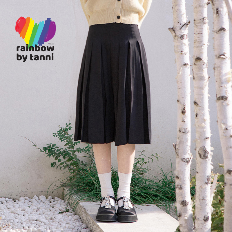 rainbow25秋黑色气质a字百褶裙女