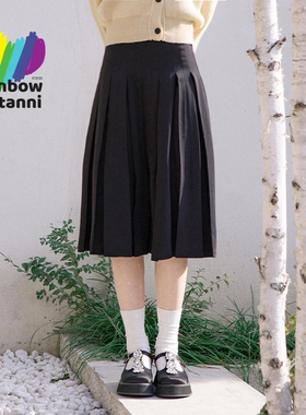 rainbow25秋季款半身裙女黑色气质中长裙新款a字百褶裙RL11SK904A