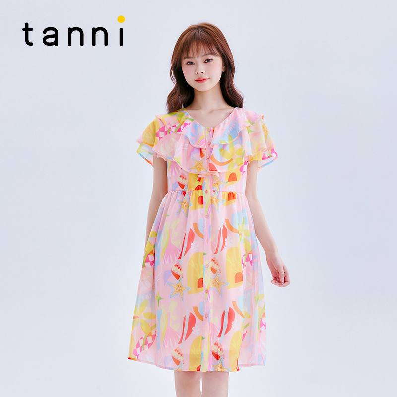 tanniX版喇叭袖度假风中长连衣裙