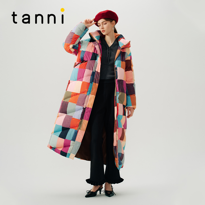 tanni时尚撞色方块加长羽绒服