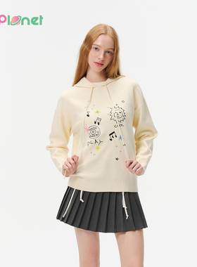 tanniinnplanet25秋冬新款涂鸦绣花连帽卫衣针织打底衫PO31KN031A