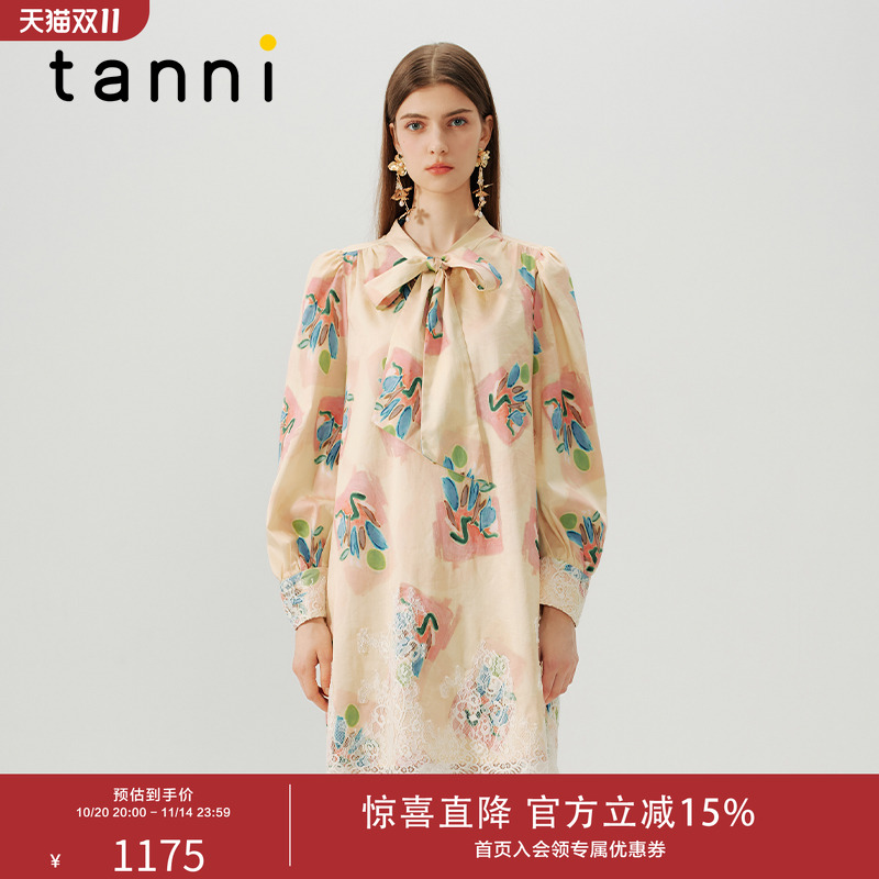 tanni优雅蝴蝶结领长袖连衣裙