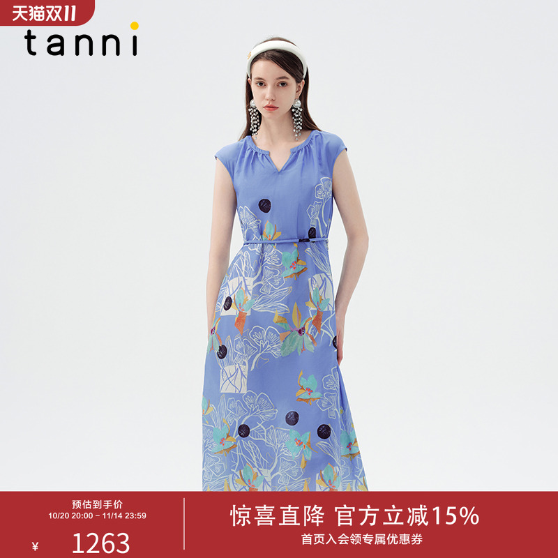 tanni含桑蚕丝印花无袖V领连衣裙