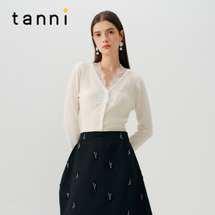 tanni新品 女TN11KN600A 优雅气质蕾丝拼接小V领绵羊毛针织衫