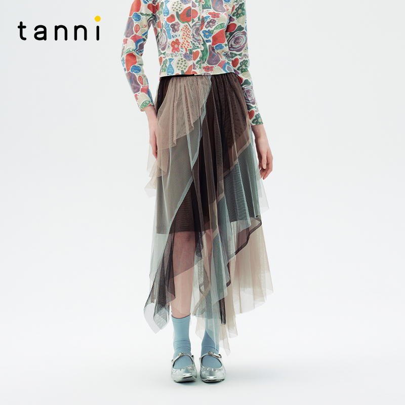 tanni不规则设计网纱拼接半身裙