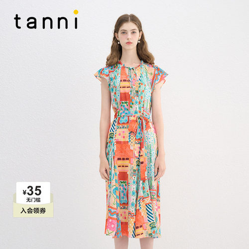 tanni小飞袖A型显瘦印花连衣裙