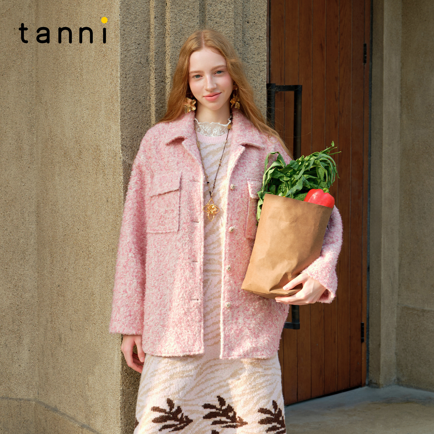 tanni25新款浪漫温柔宽松粉调西装领廓形衬衫式大衣TO31CO200A
