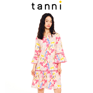 tanni商场同款纯棉甜美度假微喇袖圆领小A版连衣裙TL11DR125A