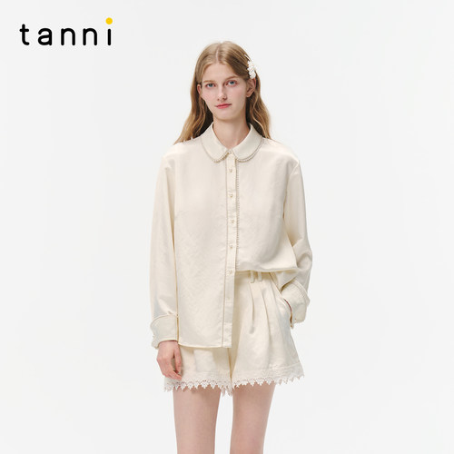 tanni夏季新款优雅简约百搭光泽感仿珍珠扣米白色衬衫TO31SH013A