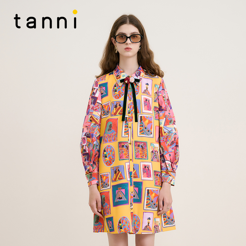 tanni复古宫廷风印花衬衫连衣裙