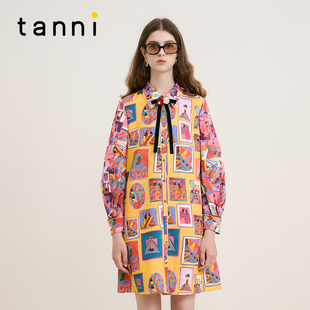 tanni新款 連衣裙TM31DR014A 優(yōu)雅復(fù)古宮廷風(fēng)印花襯衫 法式
