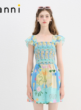 tanni休闲印花修身显瘦司马克飞飞袖阔腿连体裤TN11JS071A