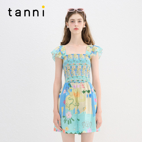 tanni休闲印花飞飞袖阔腿连体裤