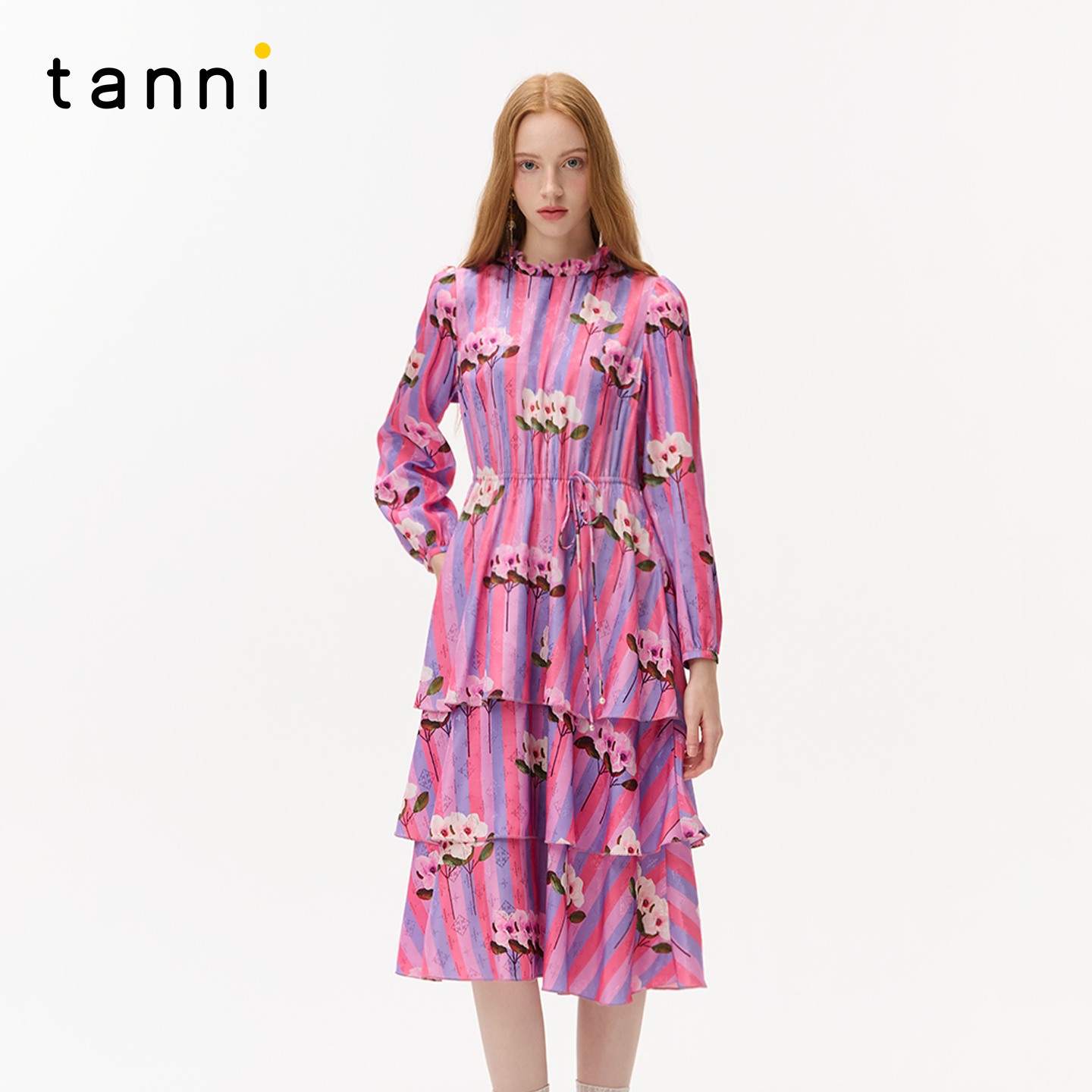 tanni25秋冬新款温柔气质风荷叶边收腰印花长款连衣裙TO31DR024A