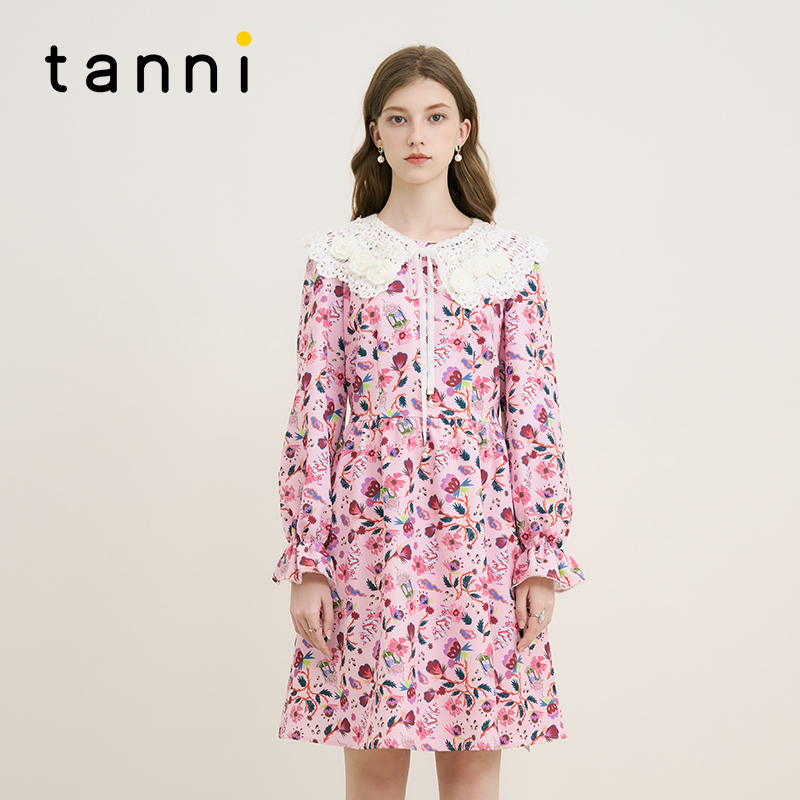 tanni气质圆领花苞袖设计连衣裙