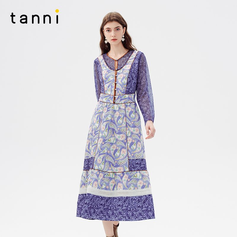 tanni浪漫印花网纱拼接连衣裙