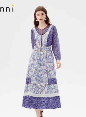 tanni25春新款文艺复古印花设计感网纱拼接长袖连衣裙TO11DR011A