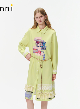 tanni新款气质同情蕾丝拼接定位宽松印花衬衫连衣裙TO31DR154A