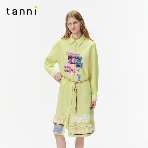tanni新款气质同情蕾丝拼接定位宽松印花衬衫连衣裙TO31DR154A