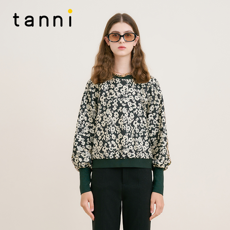 tanni通勤时尚多色提花圆领上衣