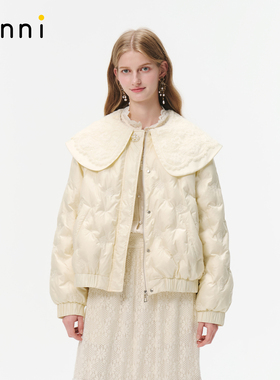 tanni25冬新款甜美千金风蕾丝领白色宽松短款羽绒服TO31DJ016A