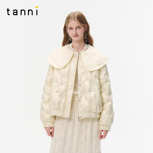 tanni25冬新款甜美千金风蕾丝领白色宽松短款羽绒服TO31DJ016A