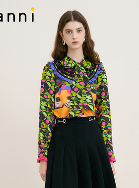tanni2025秋季款法式立领飘带设计感小众印花衬衫女装TM31SH033A