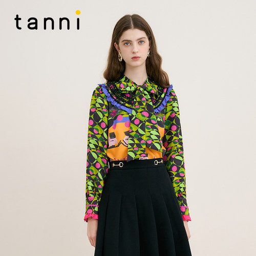 tanni法式立领飘带小众印花衬衫