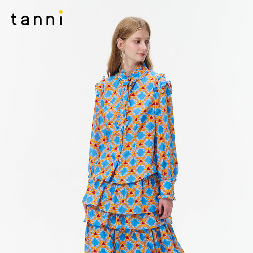 tanni夏季新款复古时尚气质炽心菱愿H版型印花衬衣TO31SH202A
