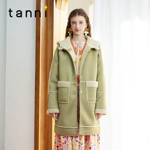 tanni新款 人工皮毛大衣TM31CO025A 休闲减龄连帽中长款