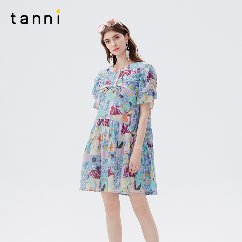 tanni泡泡袖A版花卉连衣裙