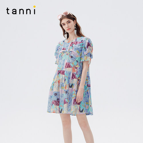 tanni泡泡袖A版花卉连衣裙
