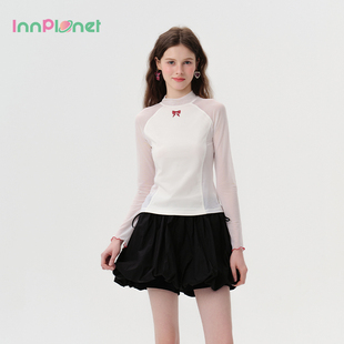网纱拼接蝴蝶结设计感长袖 innplanet25春新款 打底上衣PO11BL011A