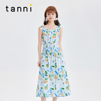 tanni新款法式度假休闲气质吊带长款连衣裙女TM11DR153A